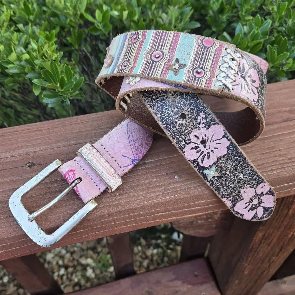 Fossil Boho Floral Leather Belt Pink Turquoise Whipstitch Western Festival L